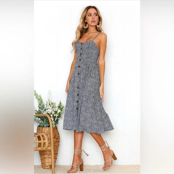 ANGASHION | Navy Blue and White Floral Spaghetti Buttoned Midi Sundress - Picture 2 of 11